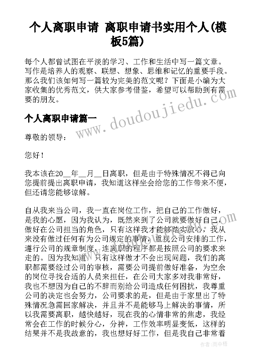 个人离职申请 离职申请书实用个人(模板5篇)