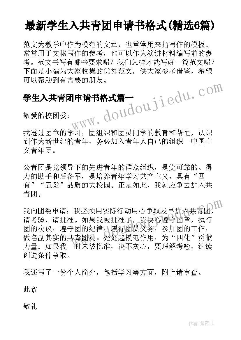 最新学生入共青团申请书格式(精选6篇)