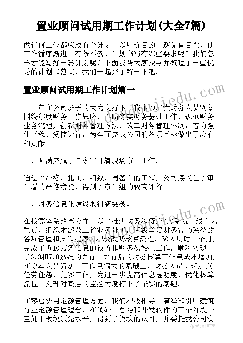 置业顾问试用期工作计划(大全7篇)