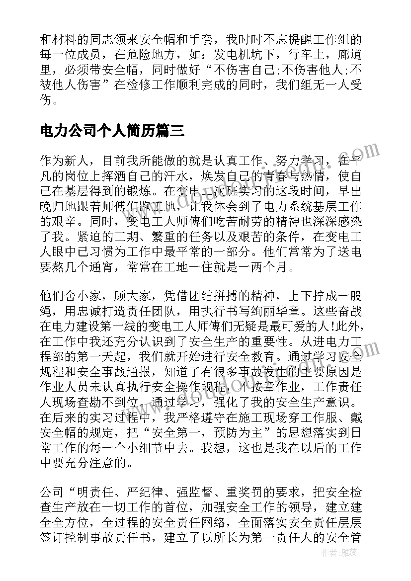 最新电力公司个人简历(模板8篇)