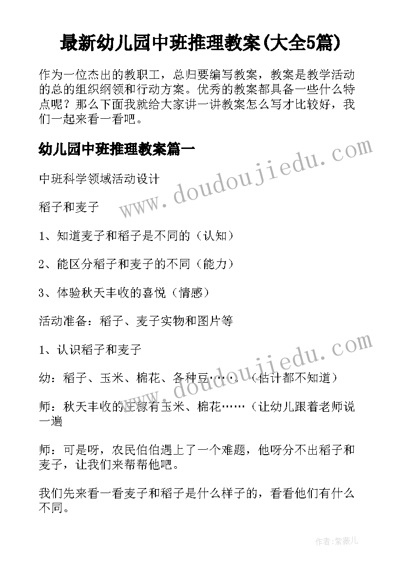 最新幼儿园中班推理教案(大全5篇)