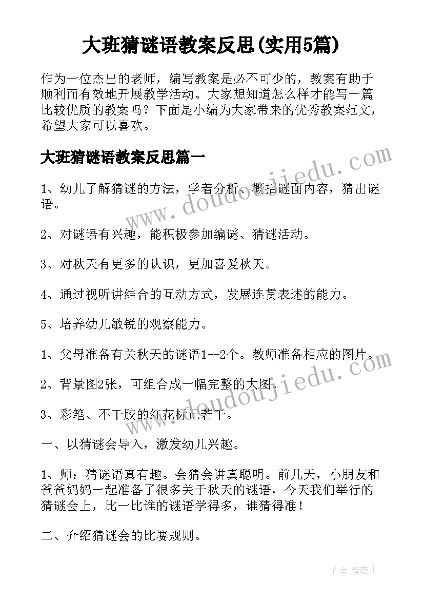 大班猜谜语教案反思(实用5篇)