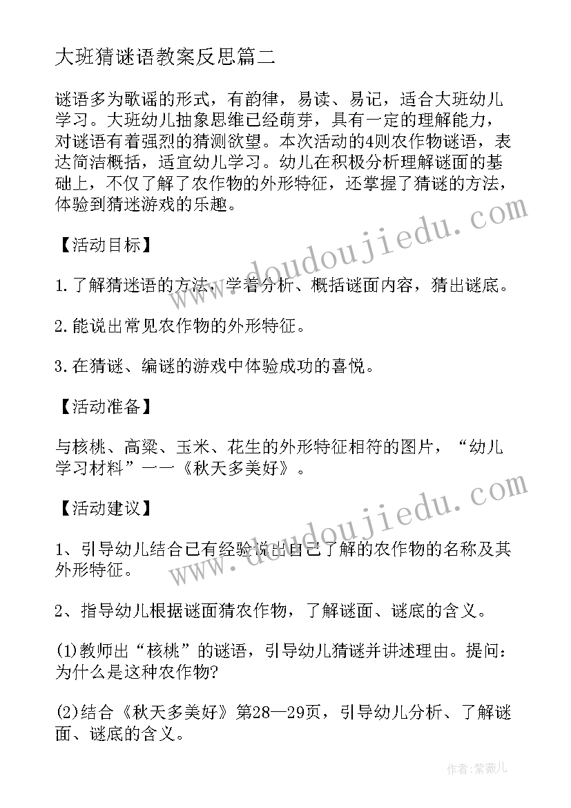 大班猜谜语教案反思(实用5篇)