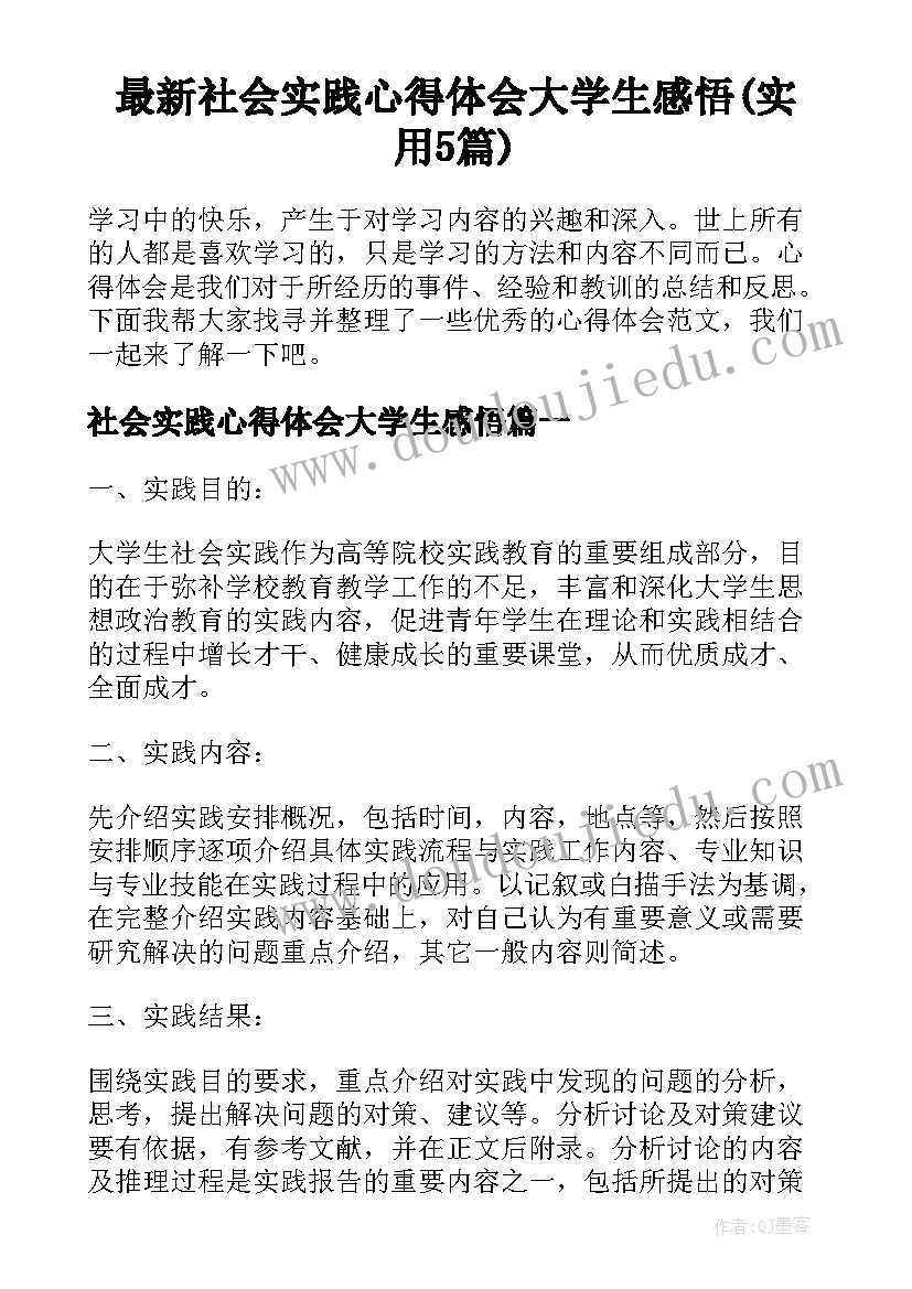 最新社会实践心得体会大学生感悟(实用5篇)