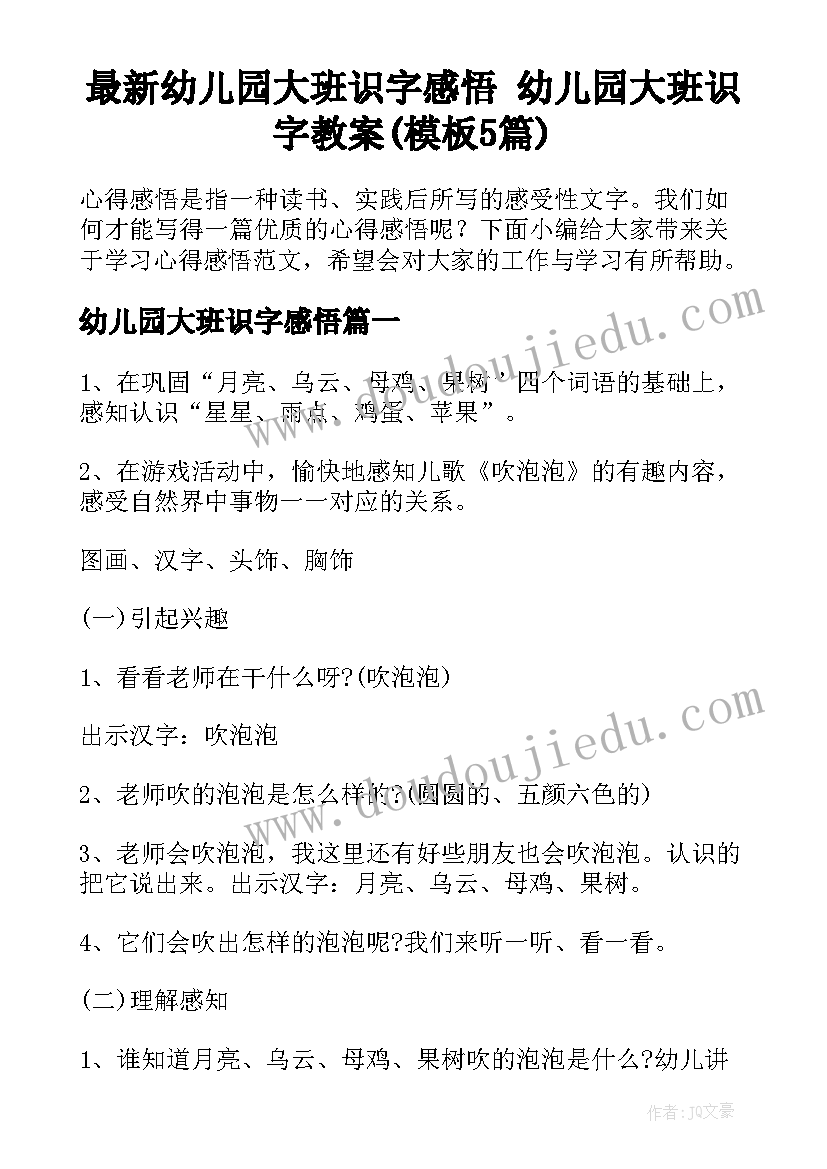 最新幼儿园大班识字感悟 幼儿园大班识字教案(模板5篇)