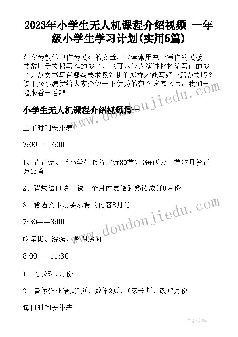 2023年小学生无人机课程介绍视频 一年级小学生学习计划(实用5篇)