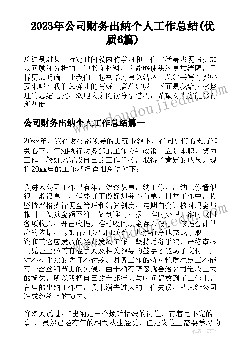 2023年公司财务出纳个人工作总结(优质6篇)