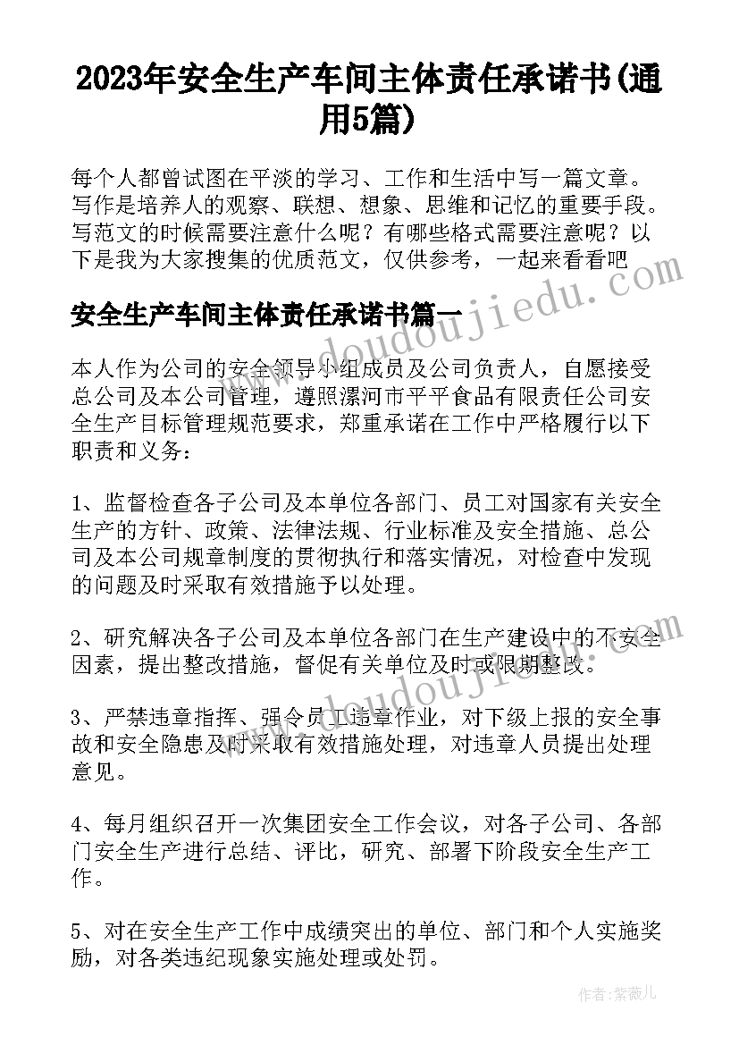 2023年安全生产车间主体责任承诺书(通用5篇)