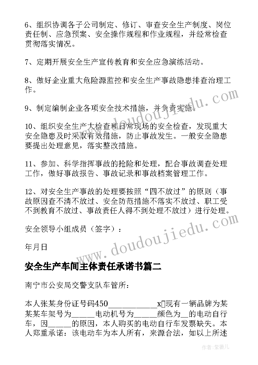 2023年安全生产车间主体责任承诺书(通用5篇)