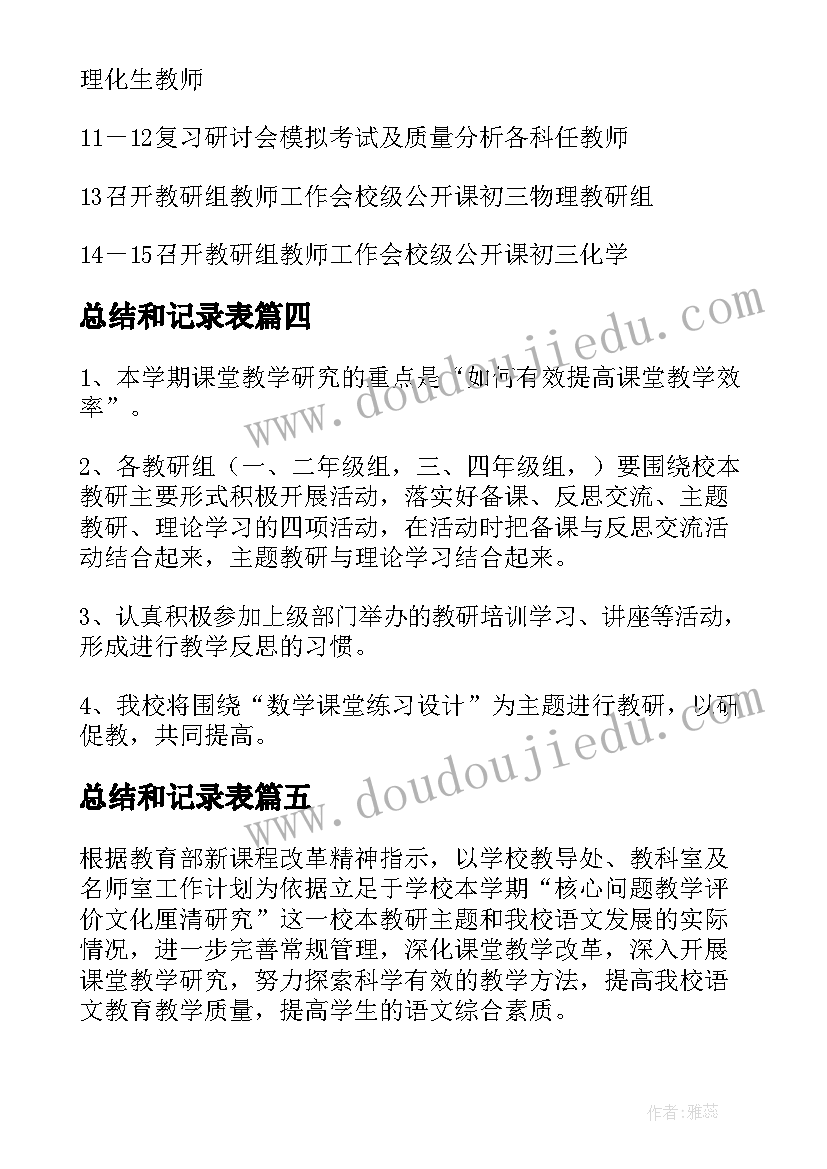 2023年总结和记录表(通用6篇)