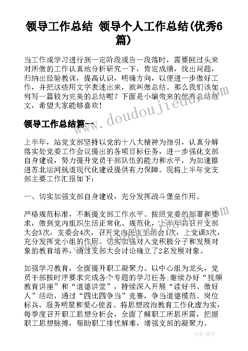 领导工作总结 领导个人工作总结(优秀6篇)