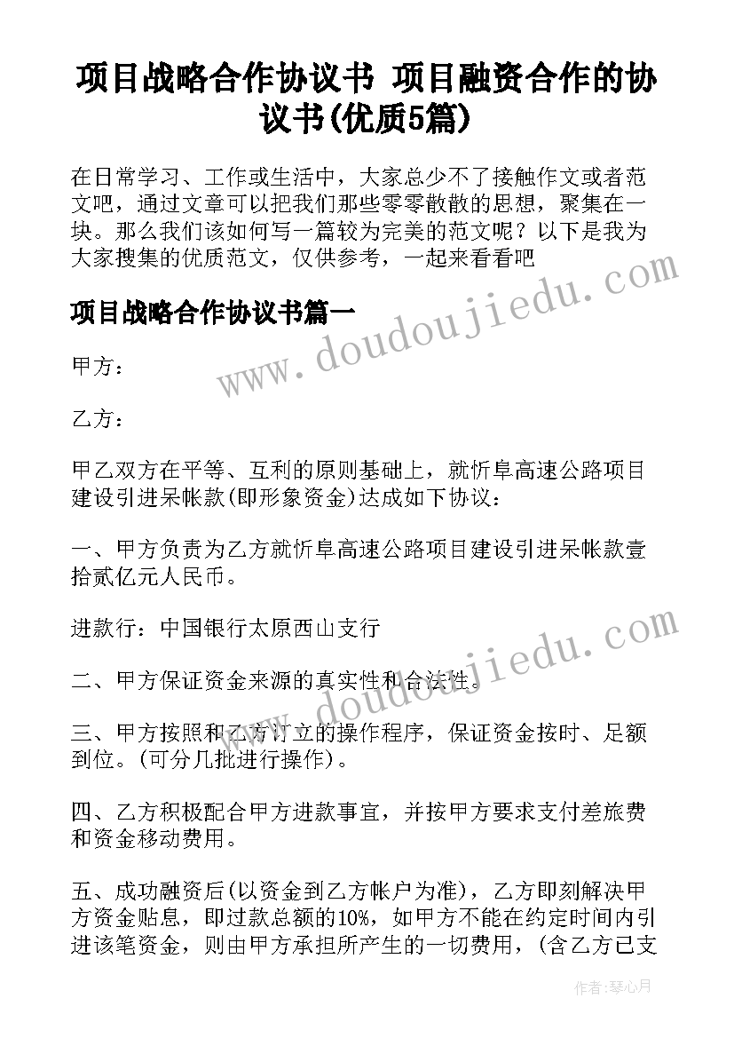 项目战略合作协议书 项目融资合作的协议书(优质5篇)