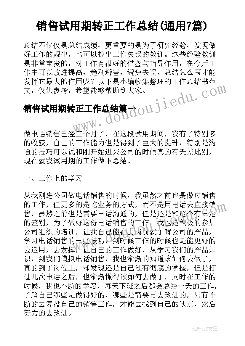 销售试用期转正工作总结(通用7篇)