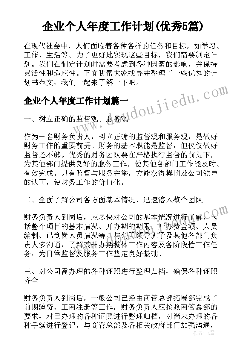 企业个人年度工作计划(优秀5篇)