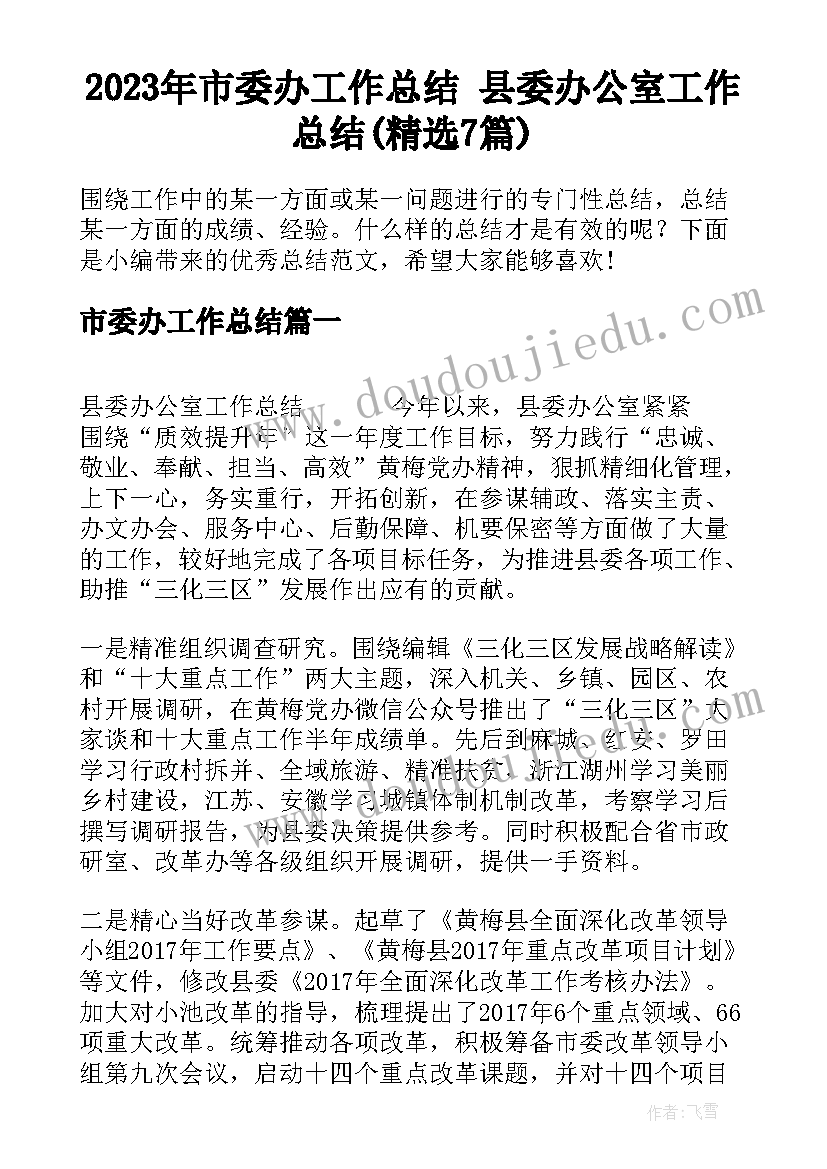 2023年市委办工作总结 县委办公室工作总结(精选7篇)