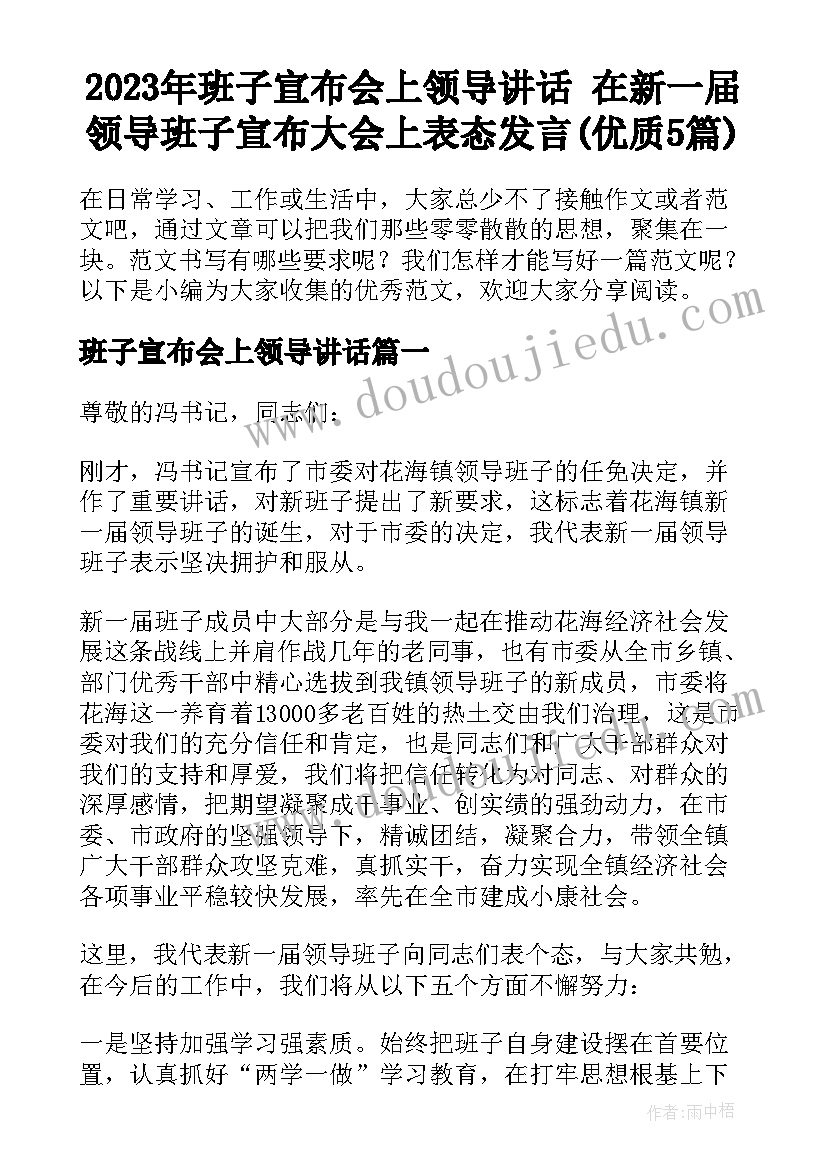 2023年班子宣布会上领导讲话 在新一届领导班子宣布大会上表态发言(优质5篇)