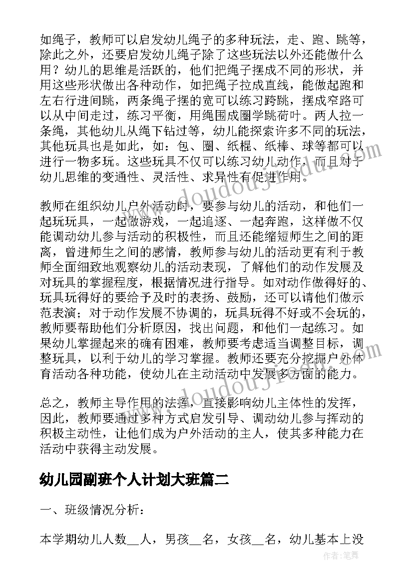 最新幼儿园副班个人计划大班(优秀5篇)