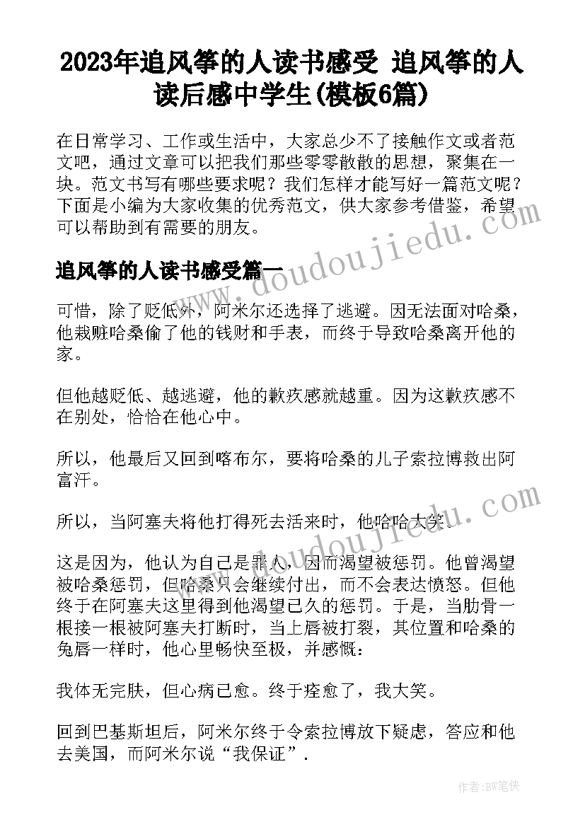 2023年追风筝的人读书感受 追风筝的人读后感中学生(模板6篇)