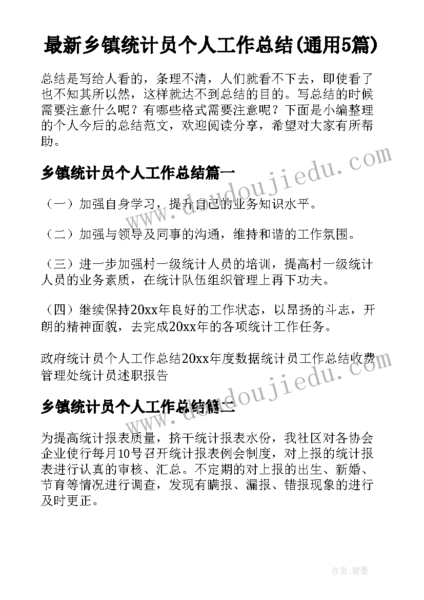 最新乡镇统计员个人工作总结(通用5篇)