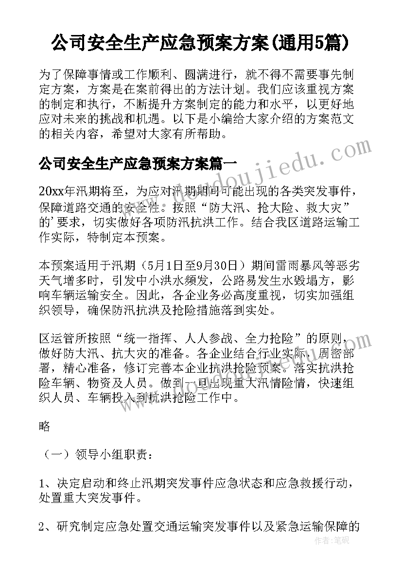 公司安全生产应急预案方案(通用5篇)