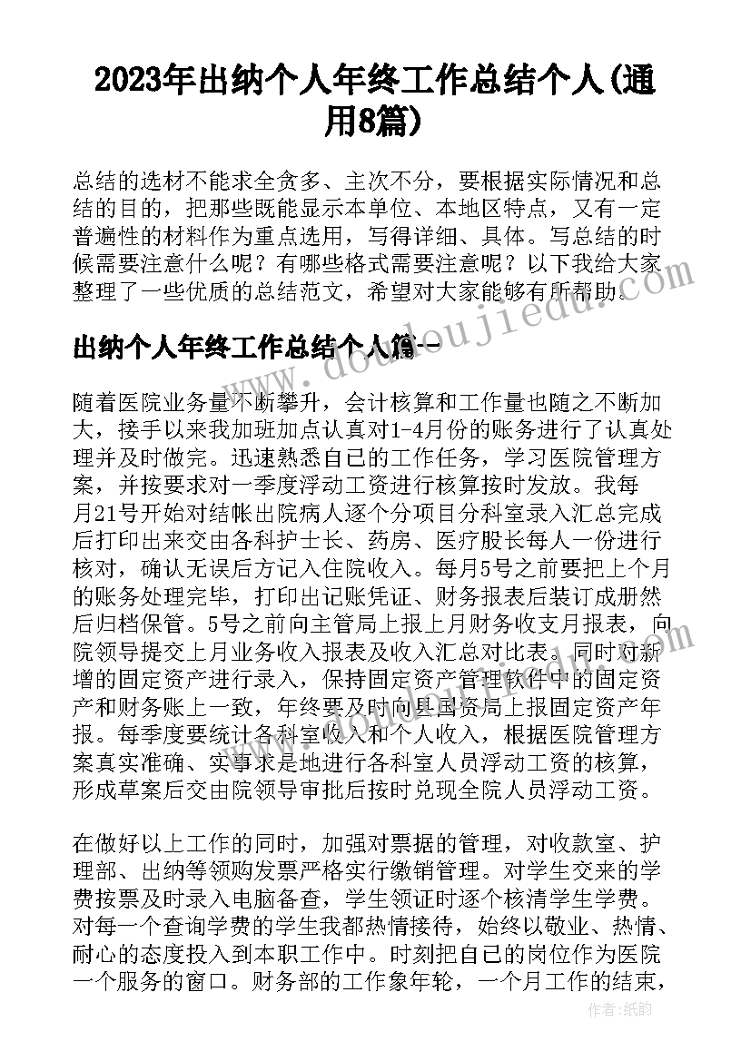 2023年出纳个人年终工作总结个人(通用8篇)