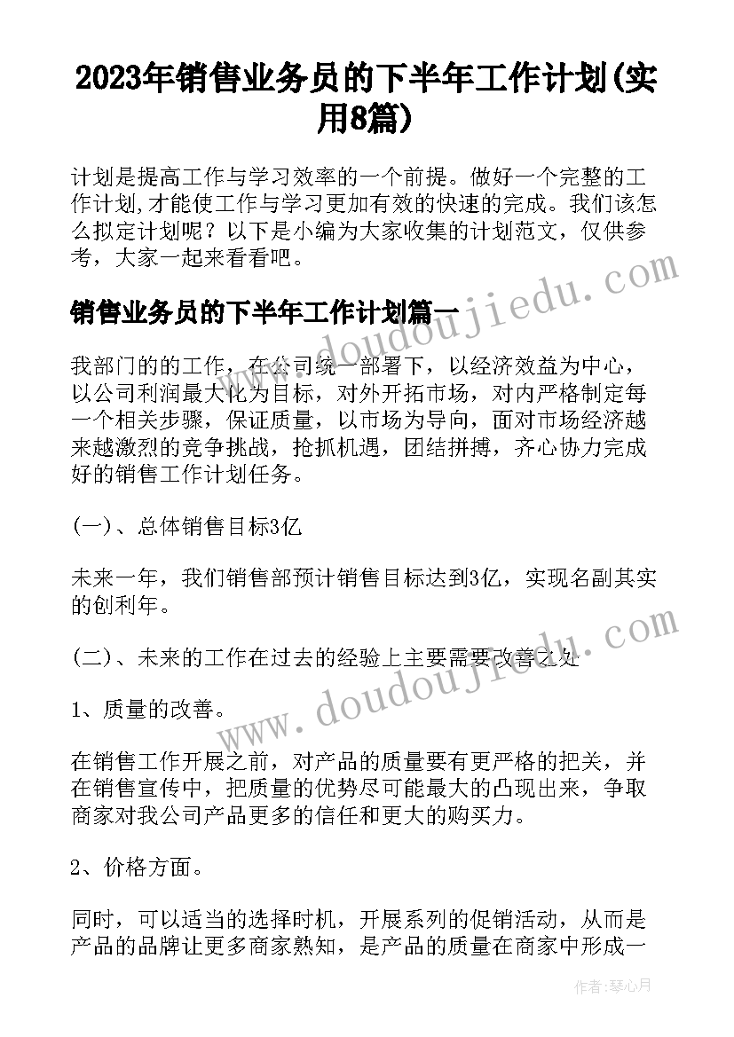 2023年销售业务员的下半年工作计划(实用8篇)