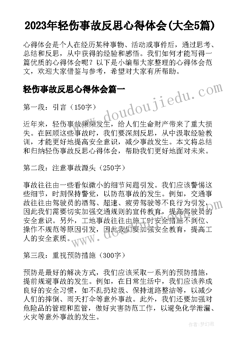 2023年轻伤事故反思心得体会(大全5篇)