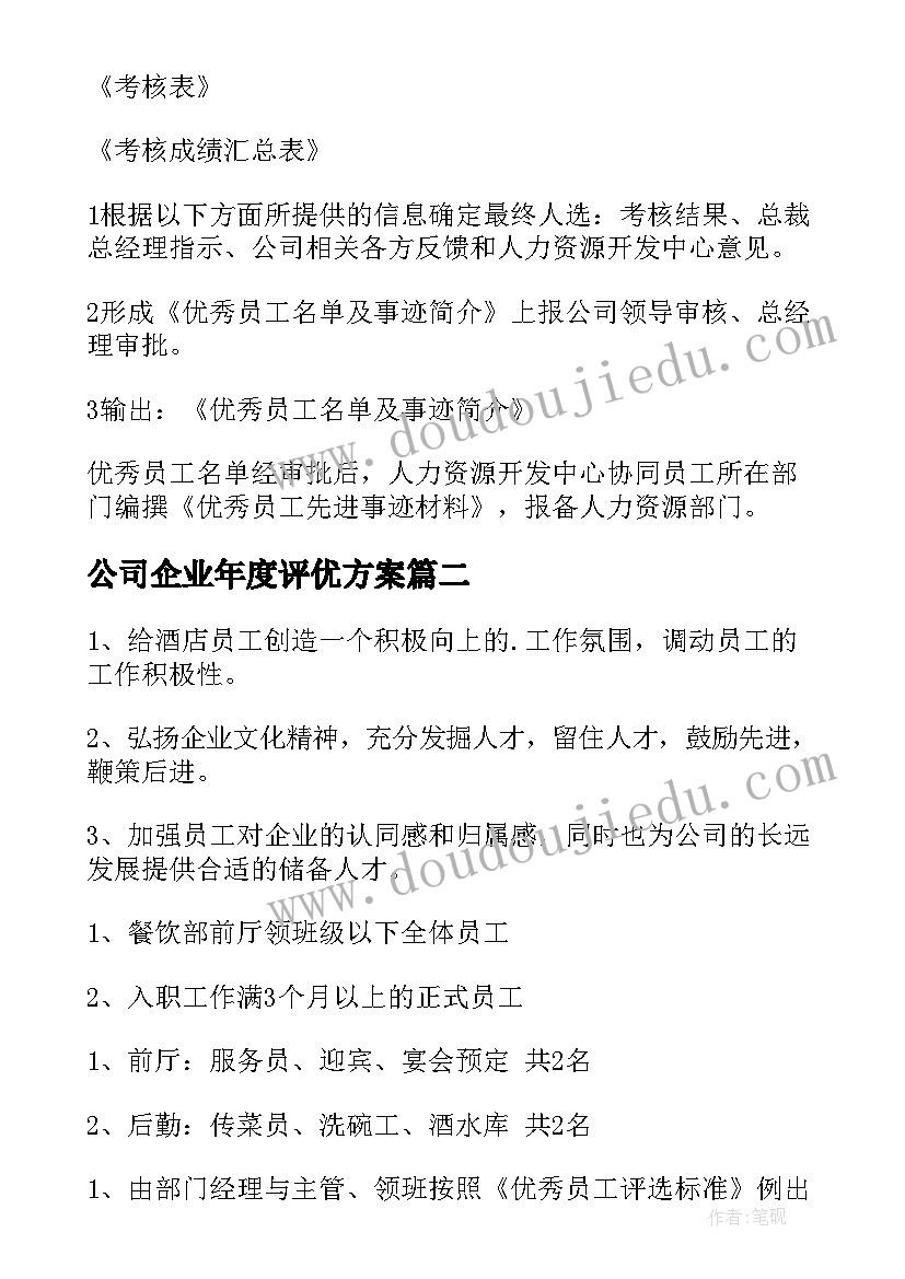 最新公司企业年度评优方案 公司年度评优方案(汇总5篇)