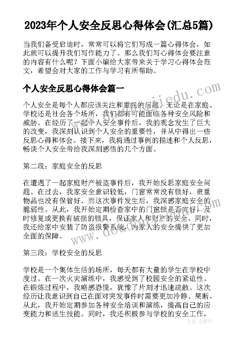 2023年个人安全反思心得体会(汇总5篇)