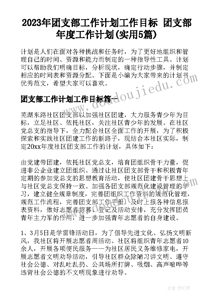 2023年团支部工作计划工作目标 团支部年度工作计划(实用5篇)