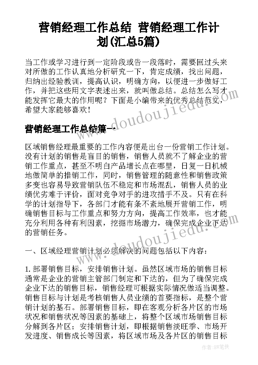 营销经理工作总结 营销经理工作计划(汇总5篇)