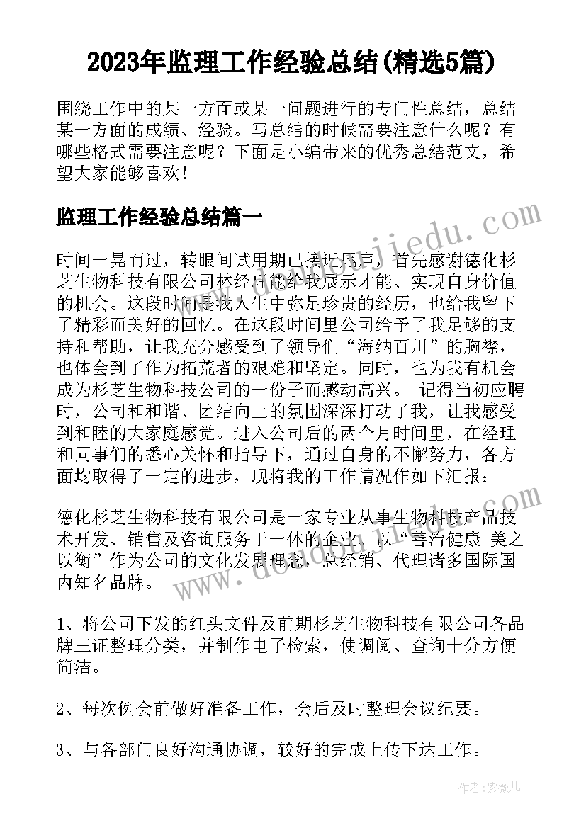 2023年监理工作经验总结(精选5篇)