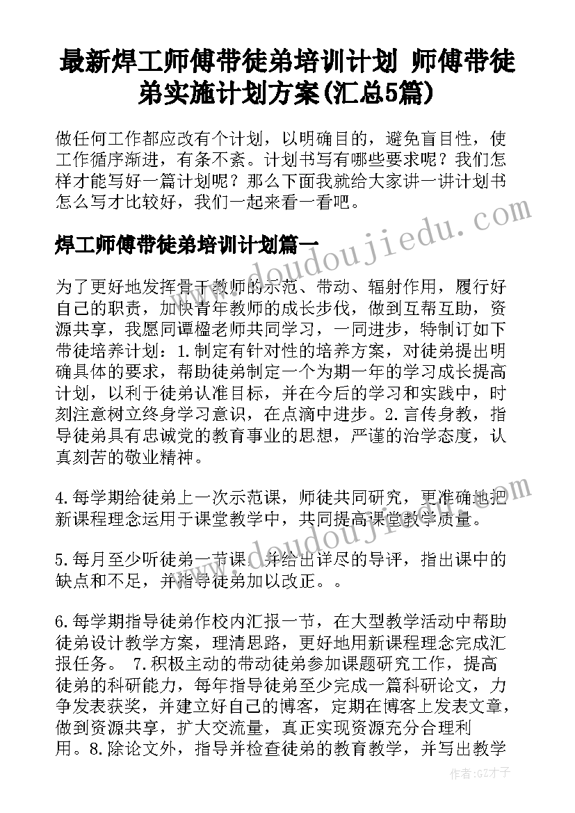 最新焊工师傅带徒弟培训计划 师傅带徒弟实施计划方案(汇总5篇)