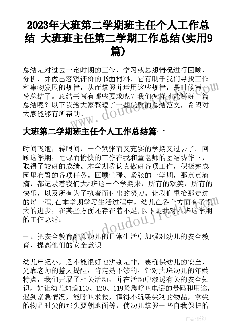 2023年大班第二学期班主任个人工作总结 大班班主任第二学期工作总结(实用9篇)