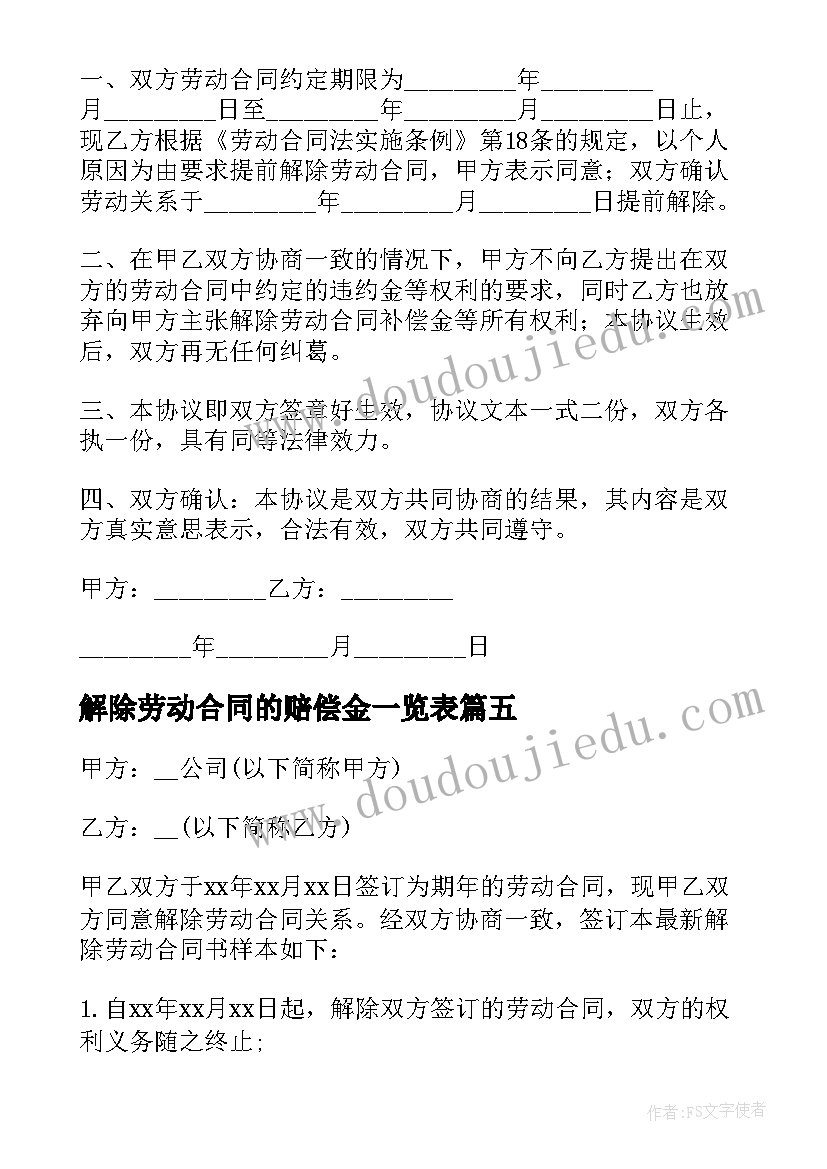 2023年解除劳动合同的赔偿金一览表 解除劳动合同(优质8篇)