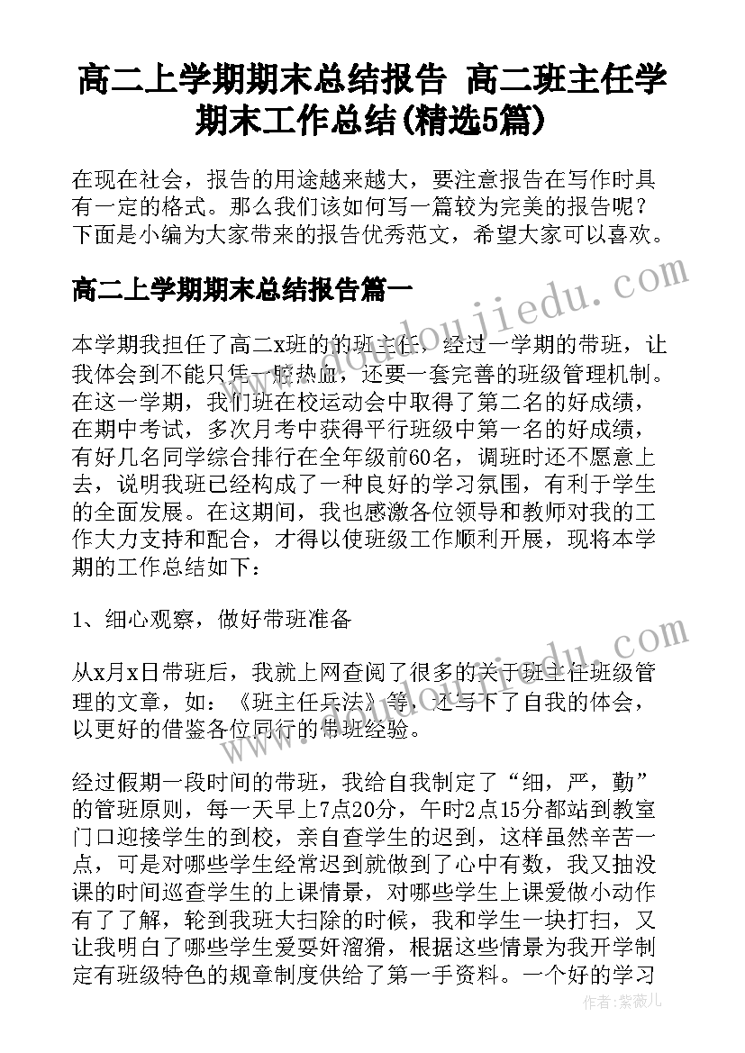 高二上学期期末总结报告 高二班主任学期末工作总结(精选5篇)