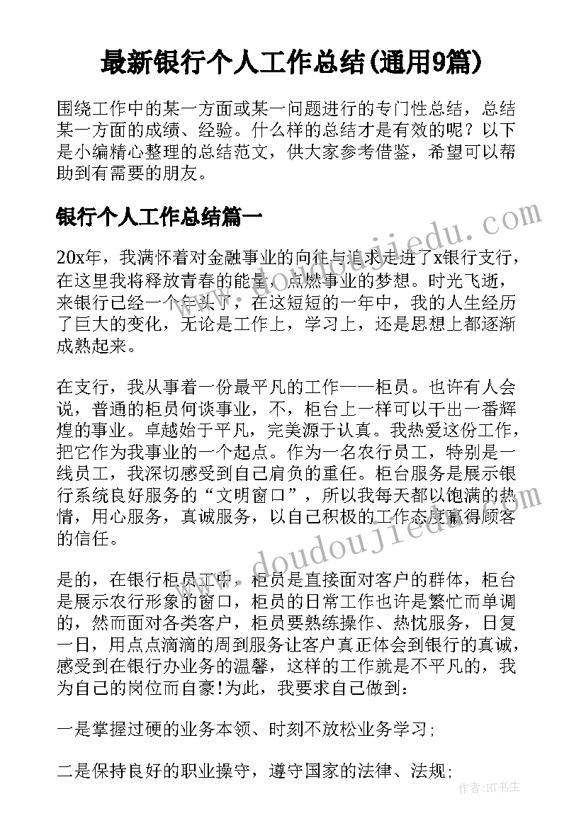 最新银行个人工作总结(通用9篇)