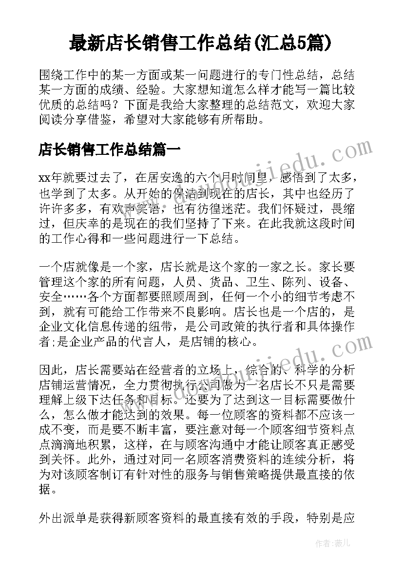 最新店长销售工作总结(汇总5篇)