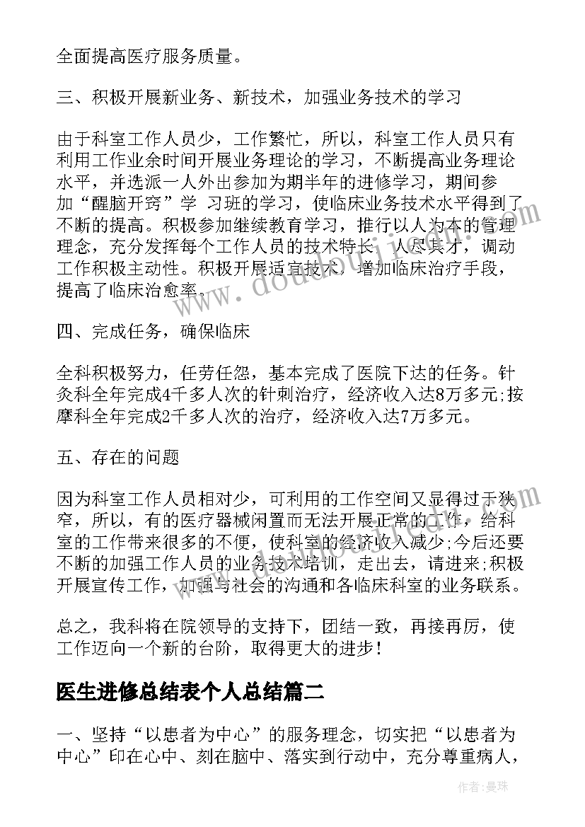 医生进修总结表个人总结(精选8篇)