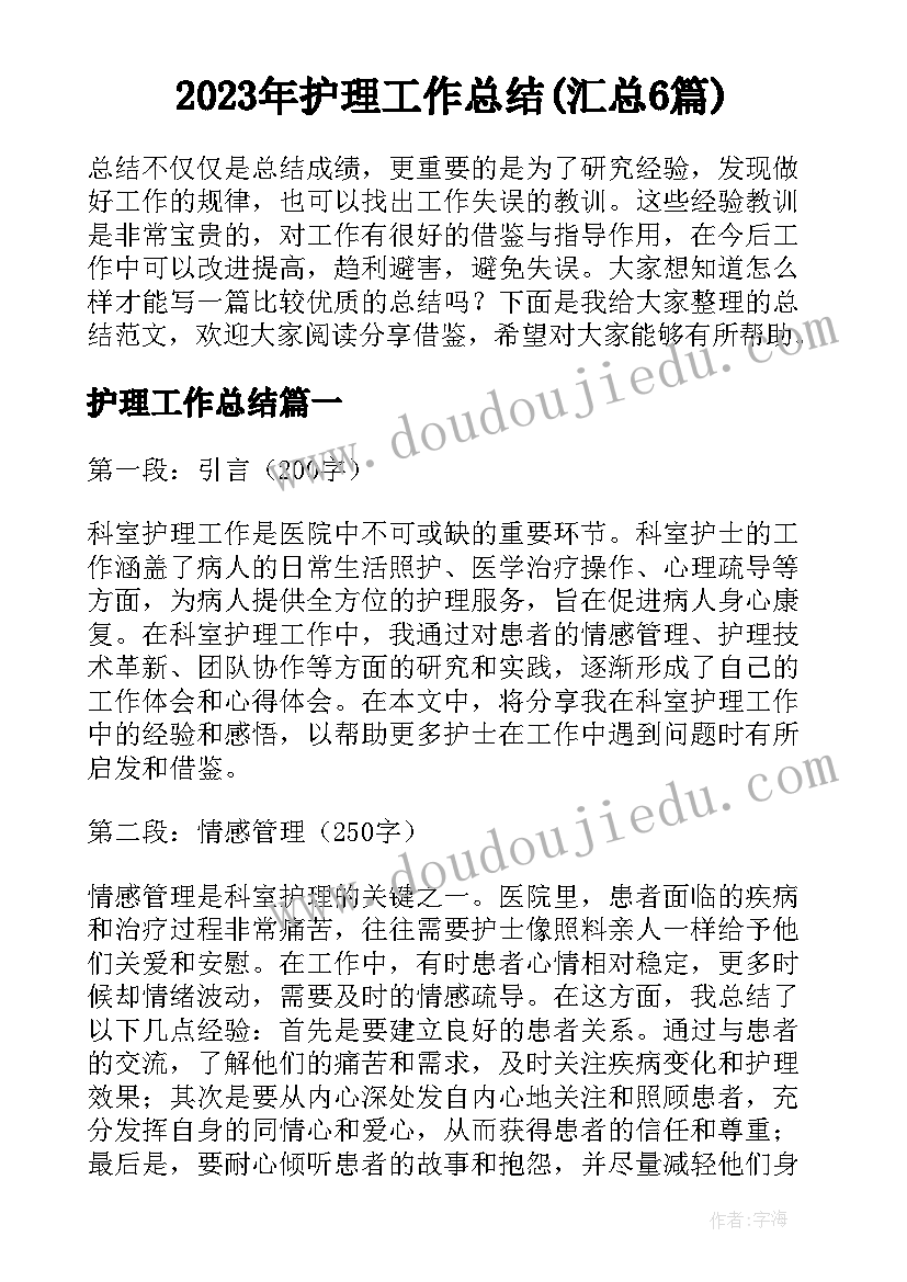 2023年护理工作总结(汇总6篇)