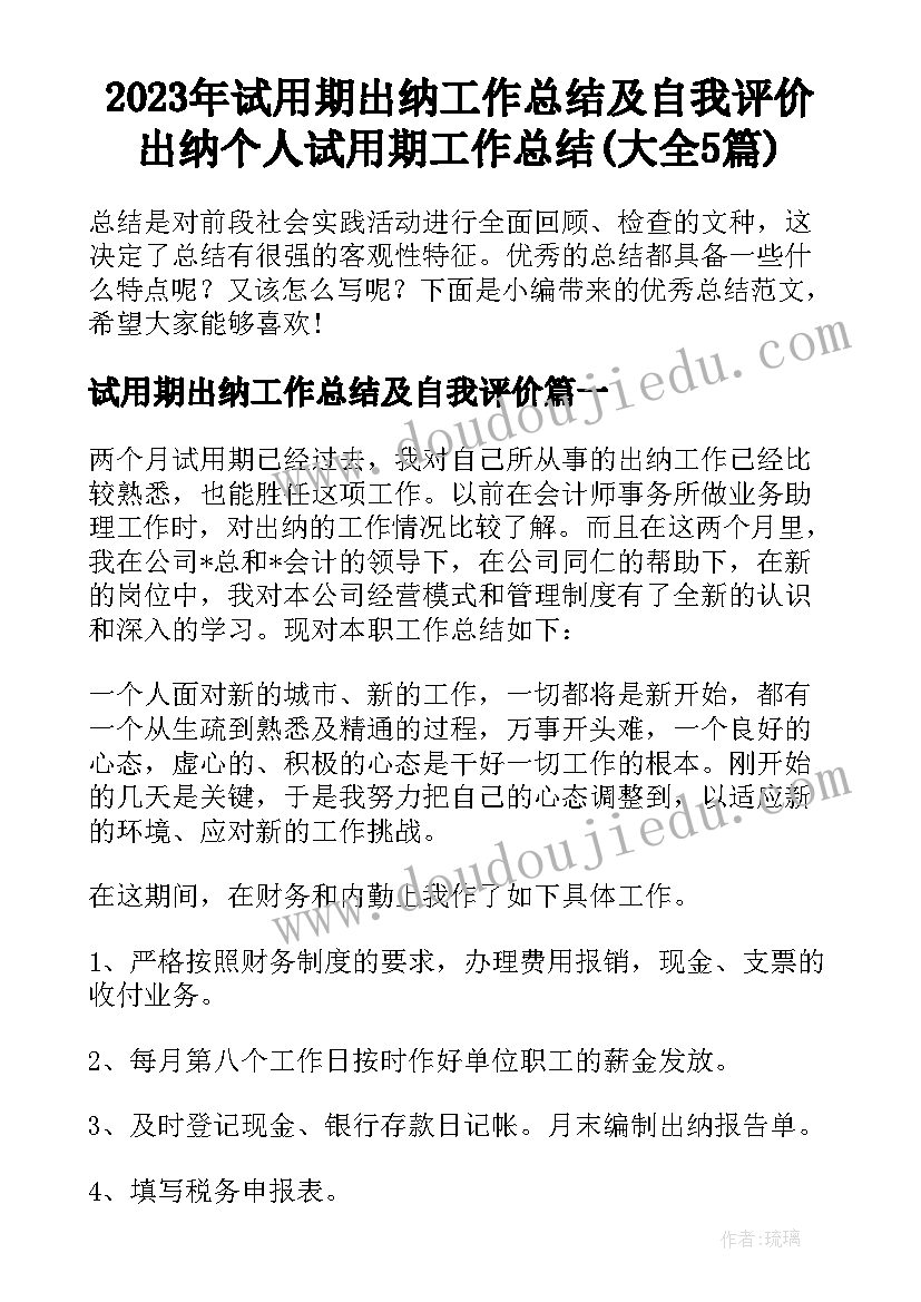 2023年试用期出纳工作总结及自我评价 出纳个人试用期工作总结(大全5篇)