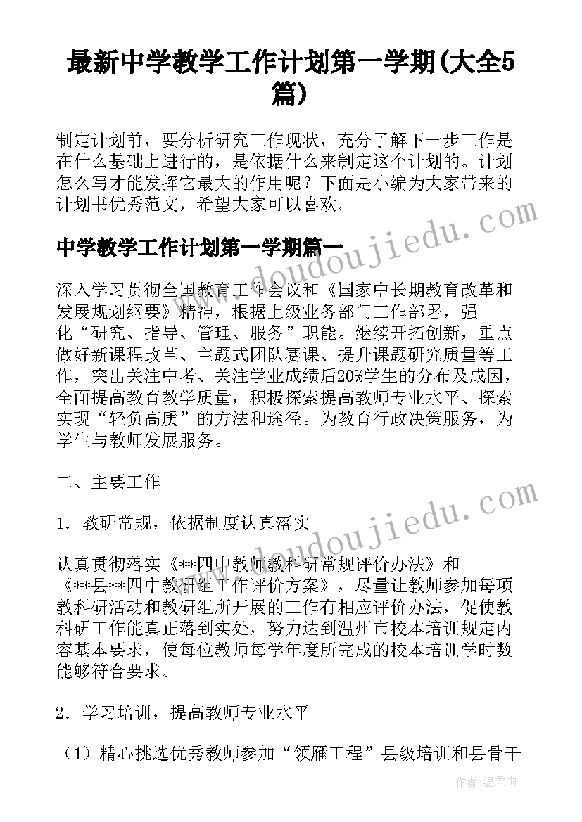 最新中学教学工作计划第一学期(大全5篇)