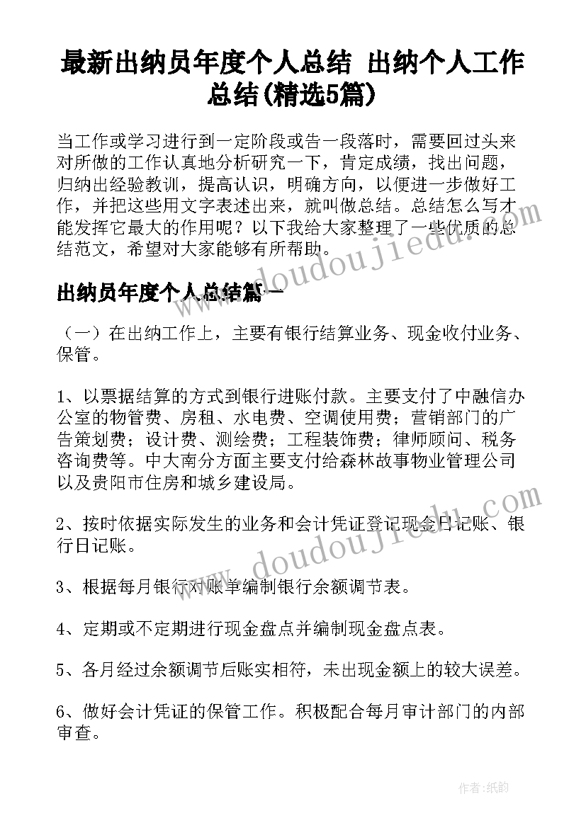 最新出纳员年度个人总结 出纳个人工作总结(精选5篇)