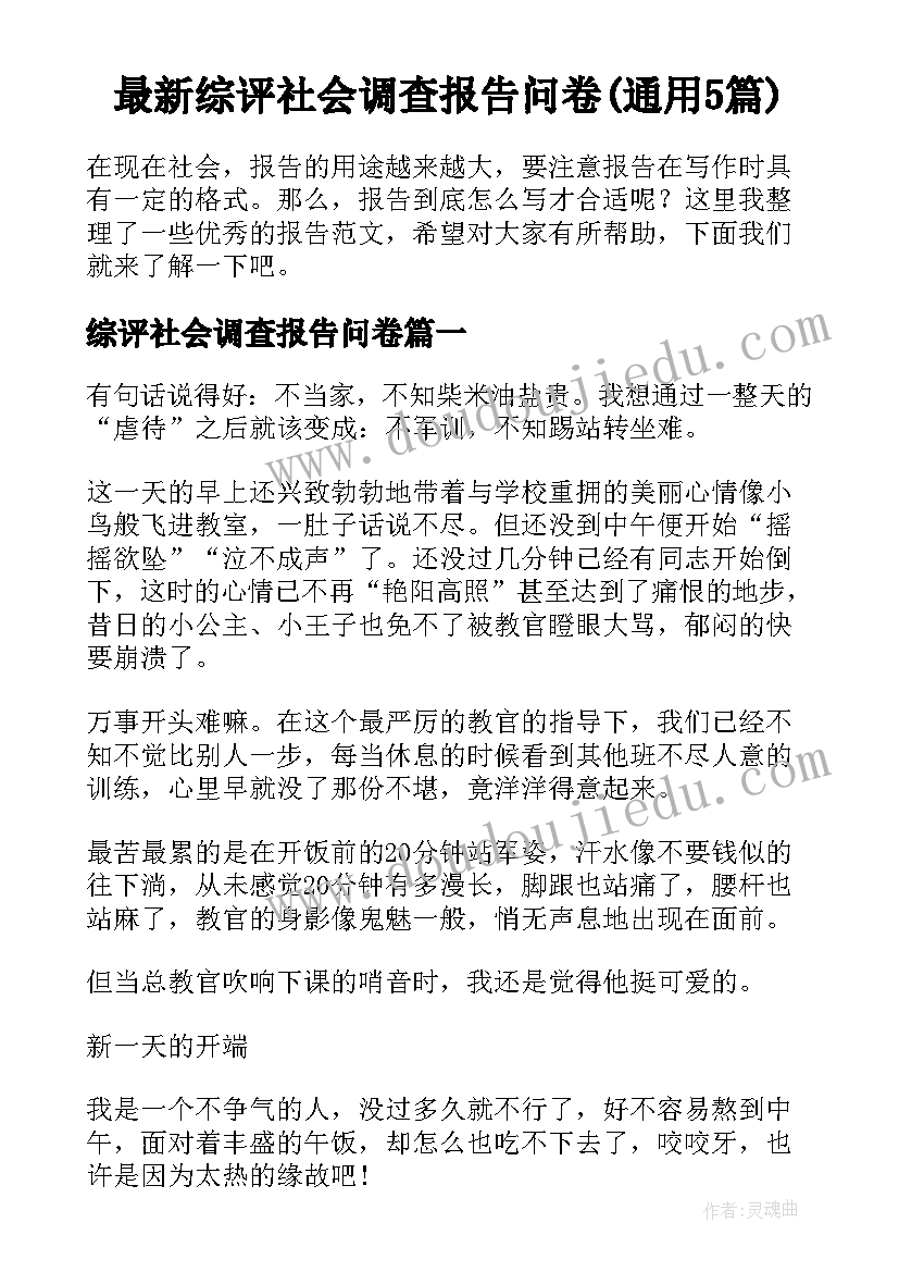 最新综评社会调查报告问卷(通用5篇)