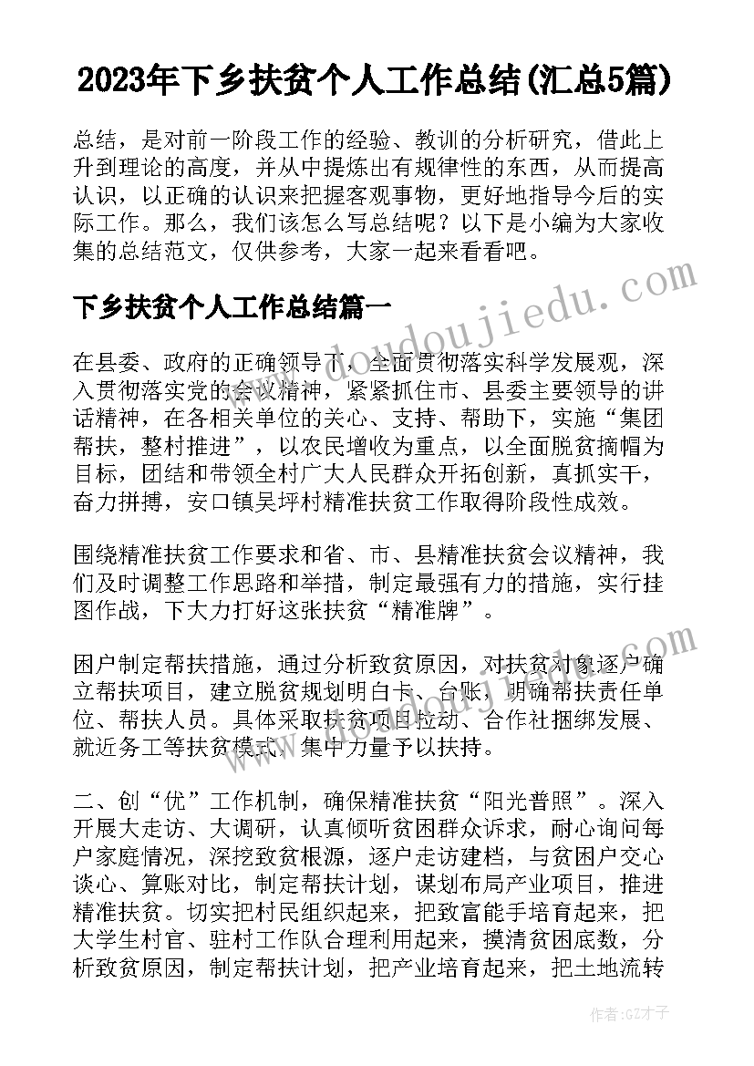 2023年下乡扶贫个人工作总结(汇总5篇)