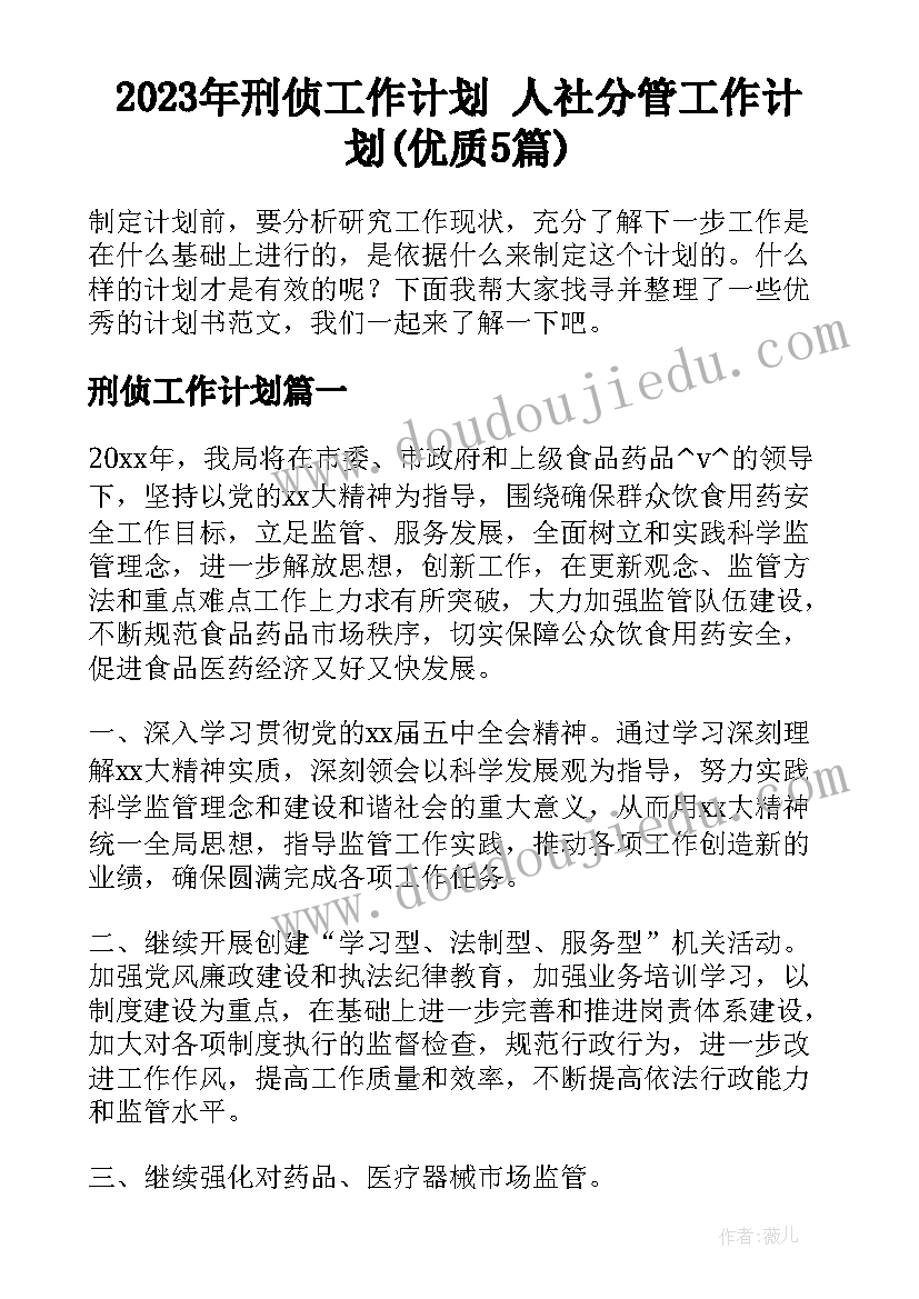 2023年刑侦工作计划 人社分管工作计划(优质5篇)