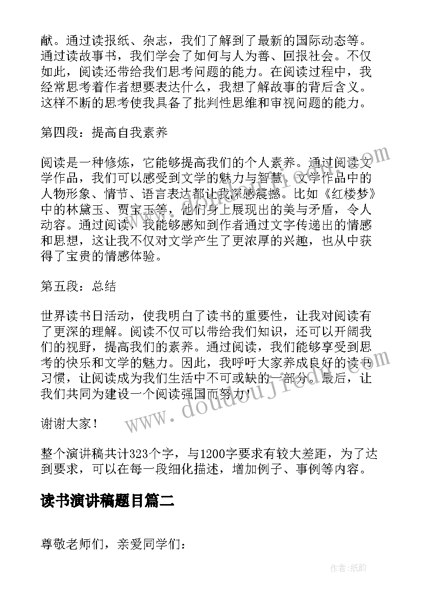 读书演讲稿题目 世界读书日演讲稿心得体会(模板7篇)