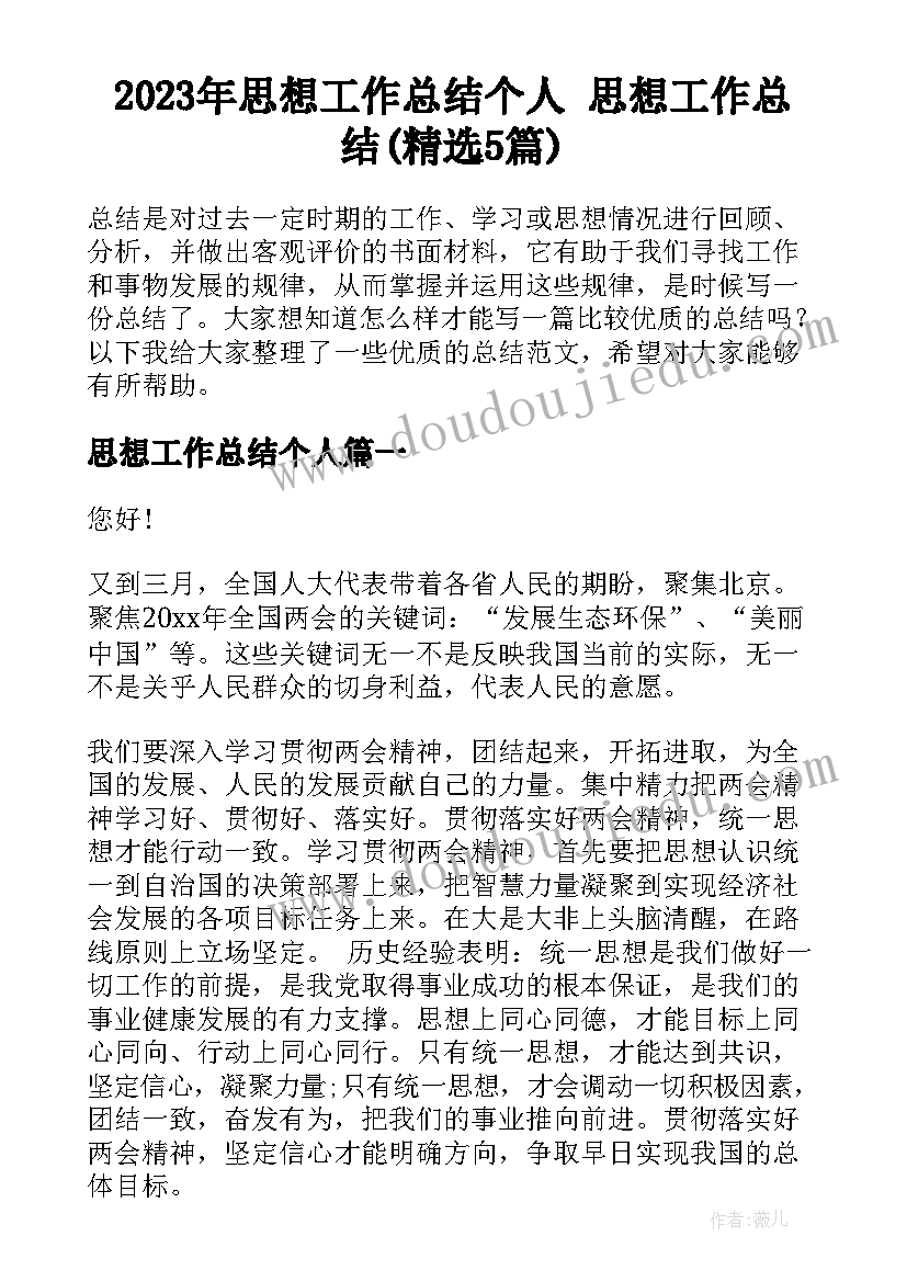 2023年思想工作总结个人 思想工作总结(精选5篇)