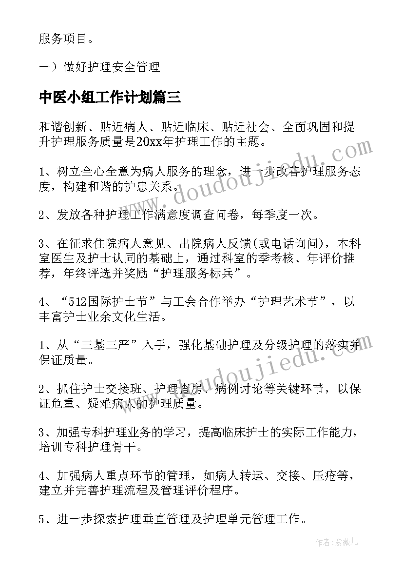 最新中医小组工作计划 护理中医小组工作计划(汇总7篇)