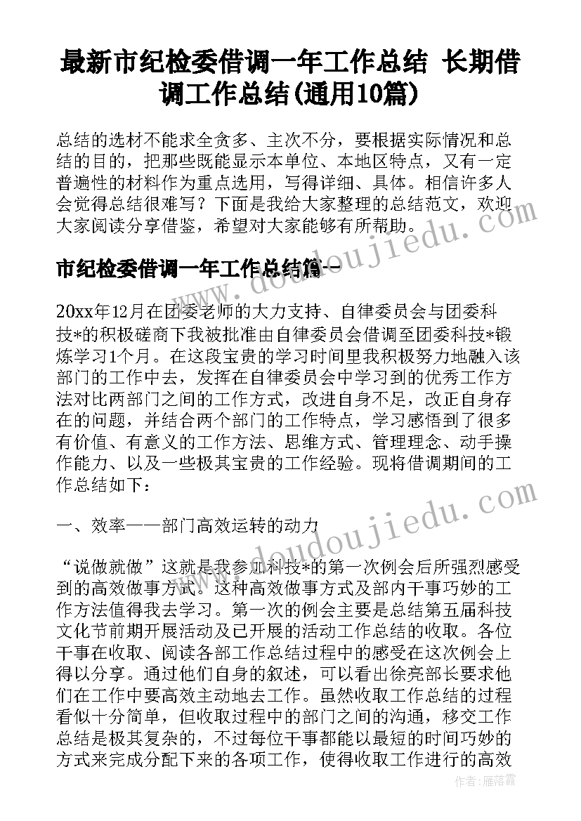 最新市纪检委借调一年工作总结 长期借调工作总结(通用10篇)